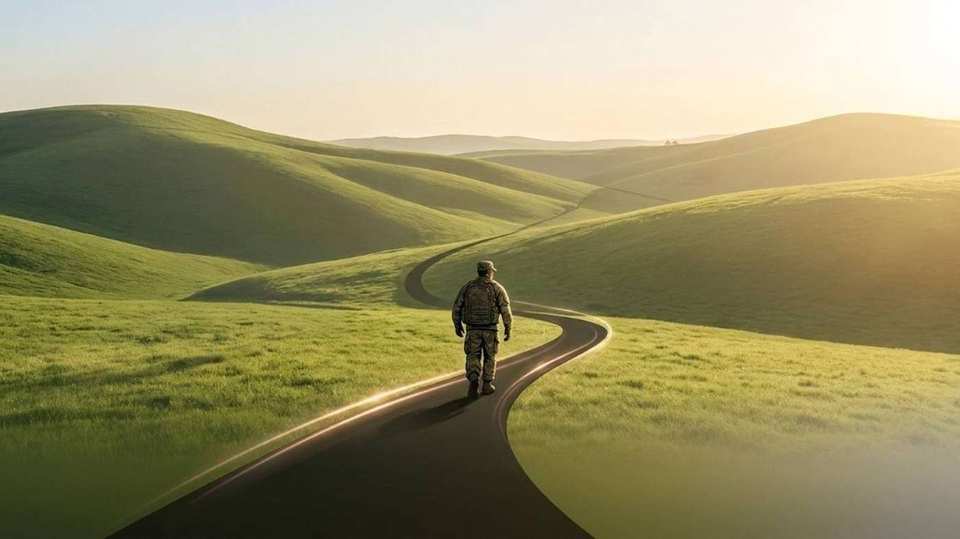 A soldier walking a curving road at golden hour